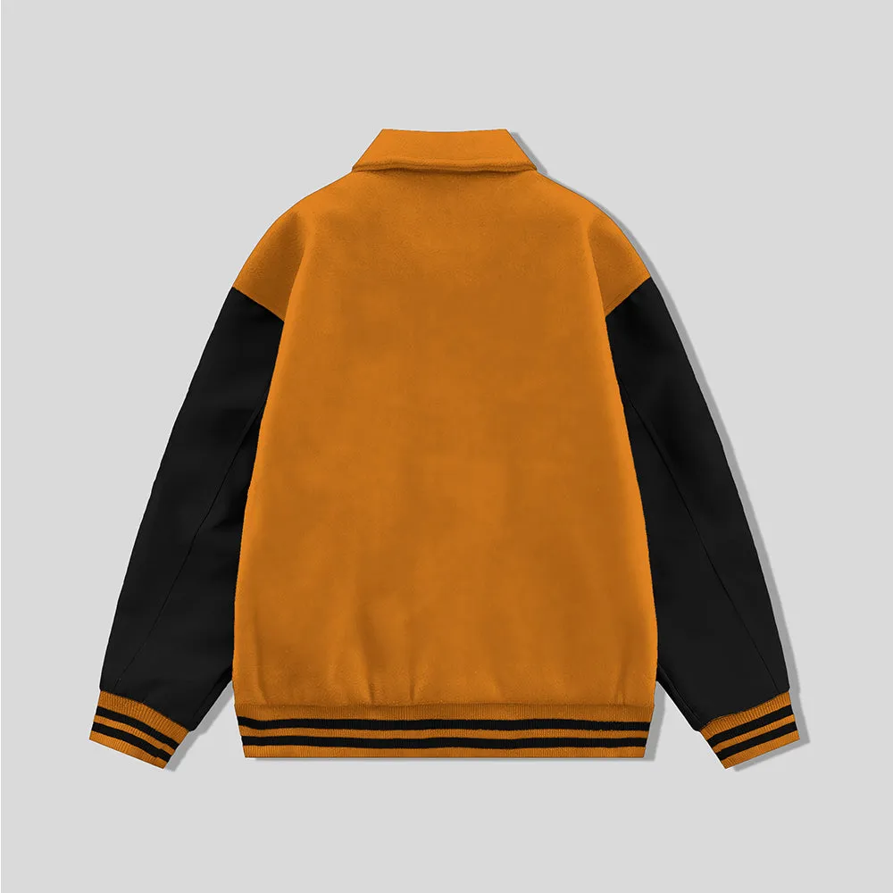 Orange Byron Collar Wool & Leather Varsity Jacket Black Sleeves - Jack N Hoods