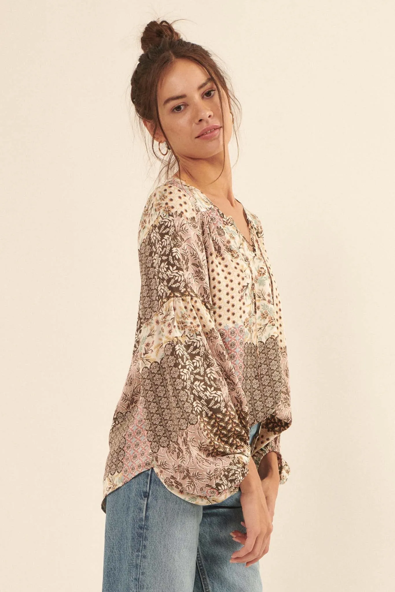 Patchwork Heart Floral Lace-Up Peasant Top