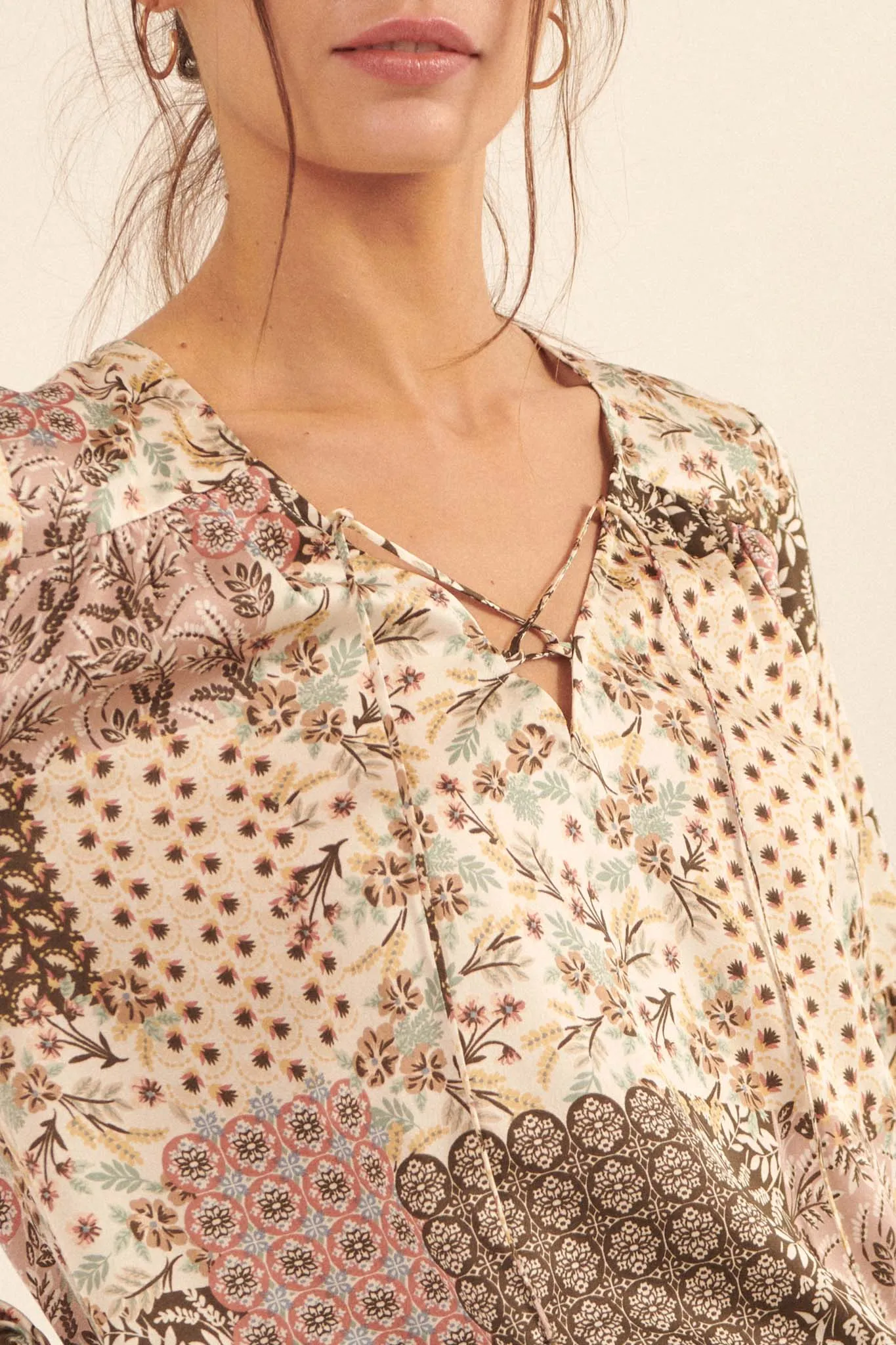 Patchwork Heart Floral Lace-Up Peasant Top