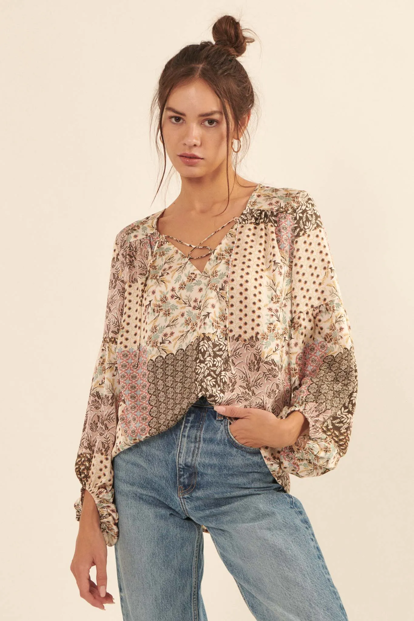 Patchwork Heart Floral Lace-Up Peasant Top