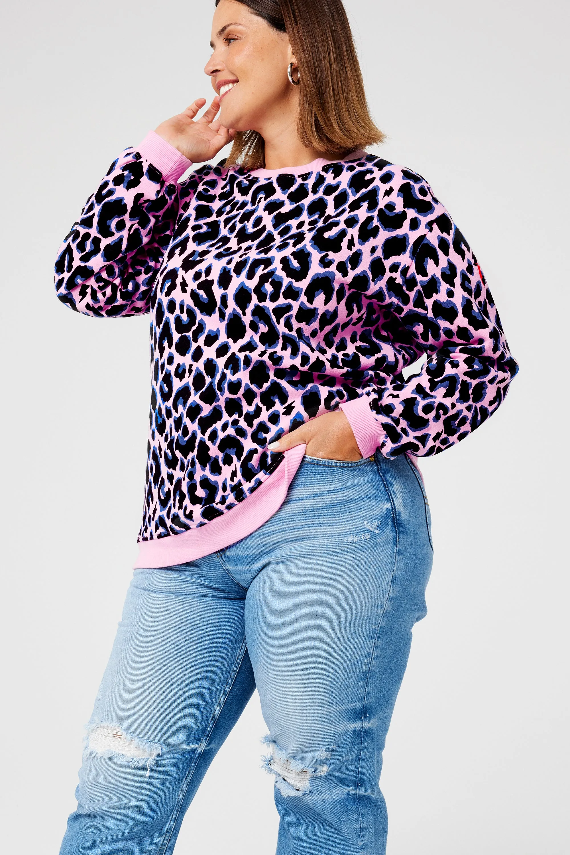 Pink with Blue and Black Shadow Leopard Oversized Sweatshirt