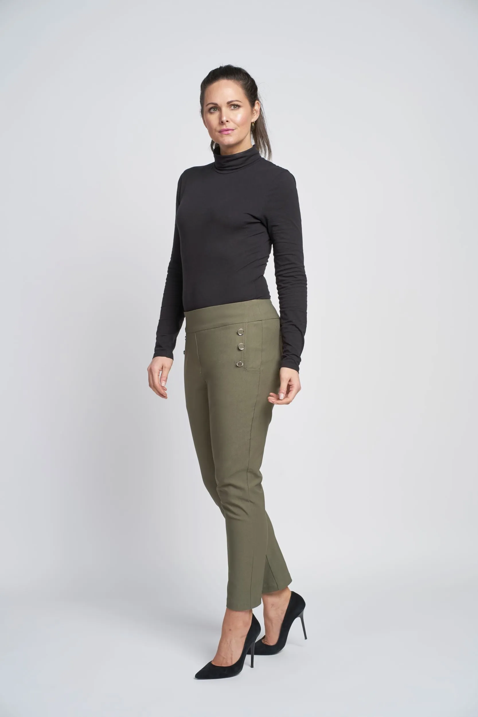 Pinns Tummy Sculpting Ankle Grazer Trousers with gold  Button Detail  579Ct Khaki