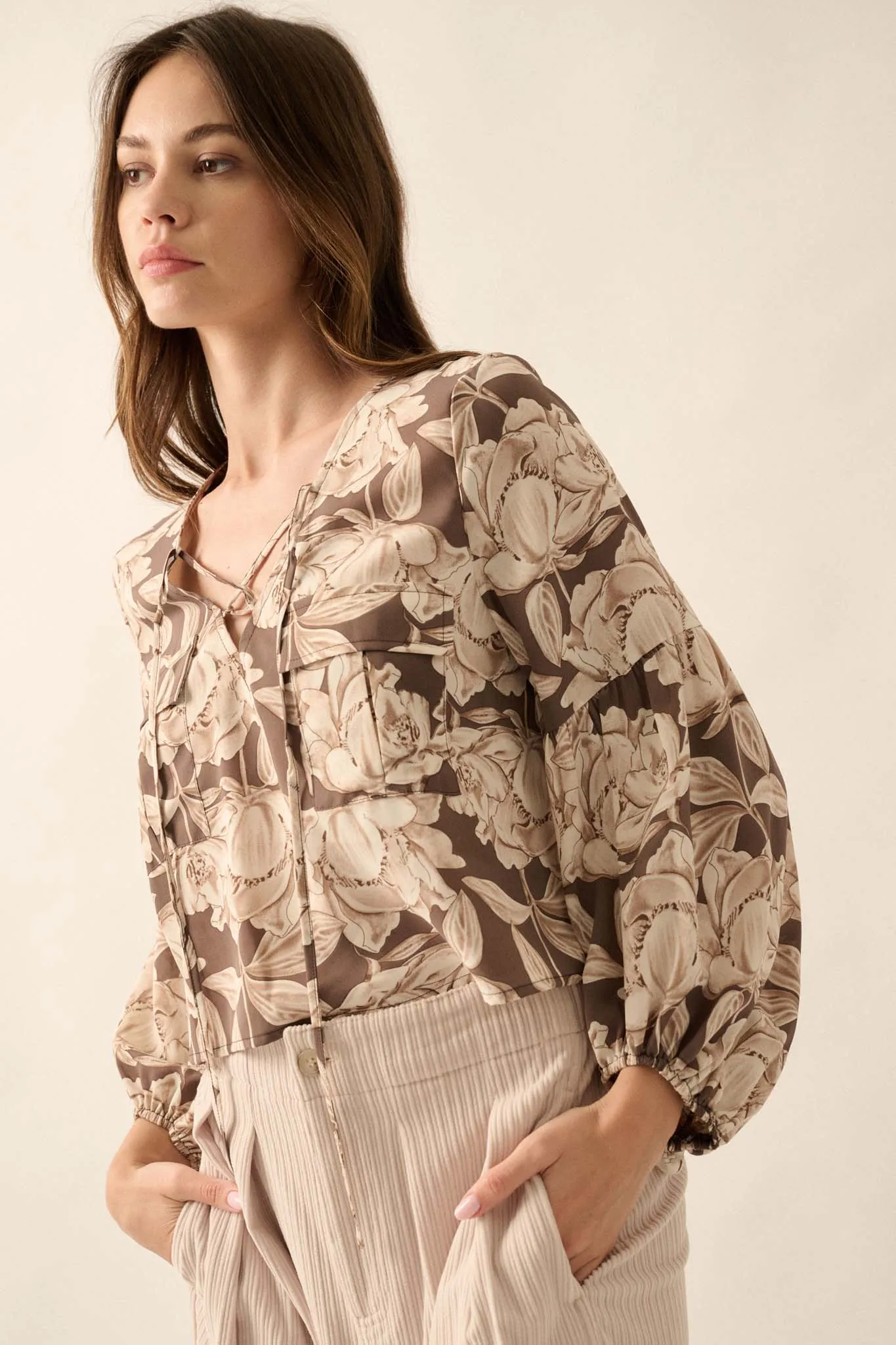 Placid Petals Floral Cropped Lace-Up Peasant Top