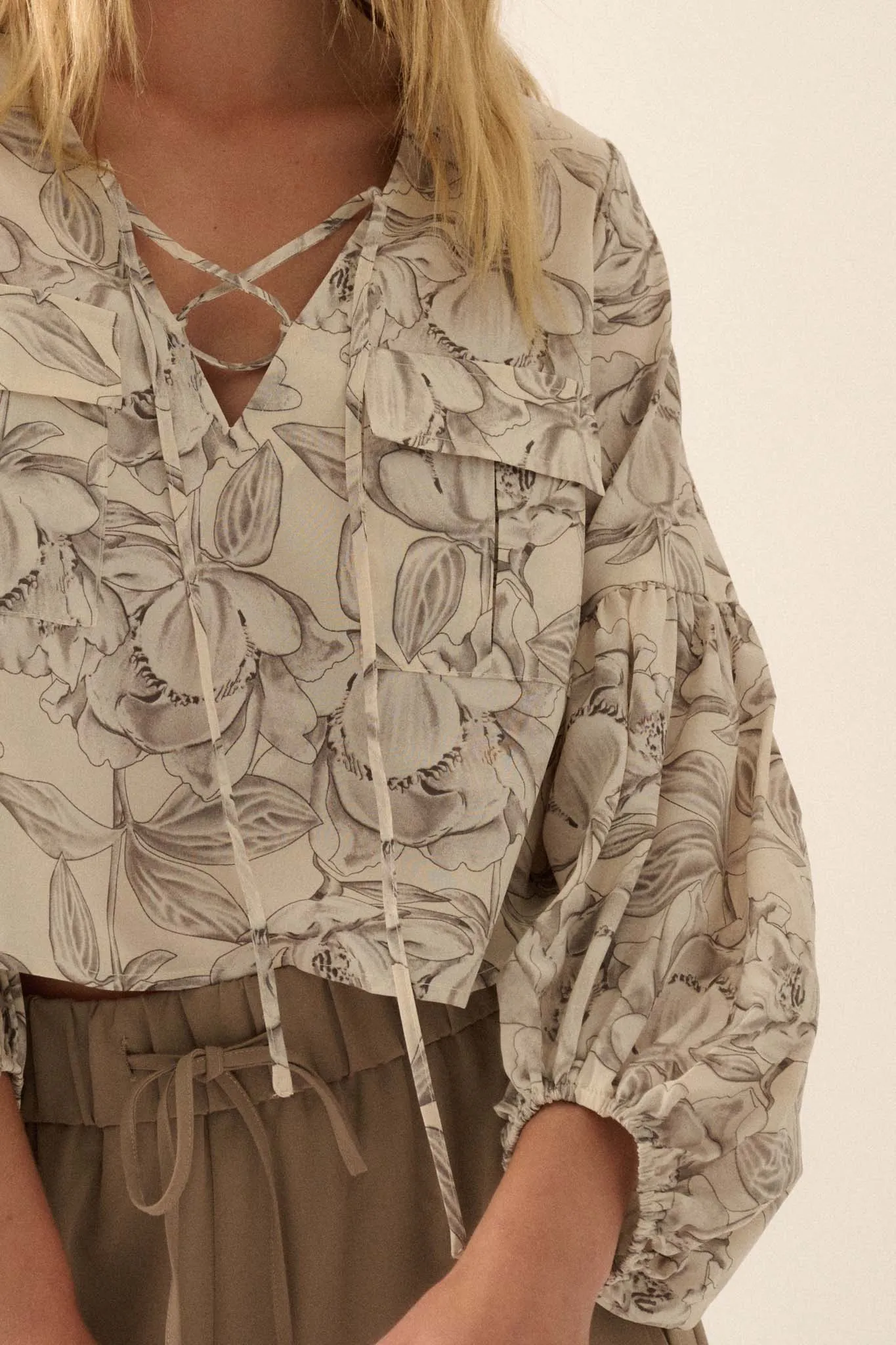 Placid Petals Floral Cropped Lace-Up Peasant Top