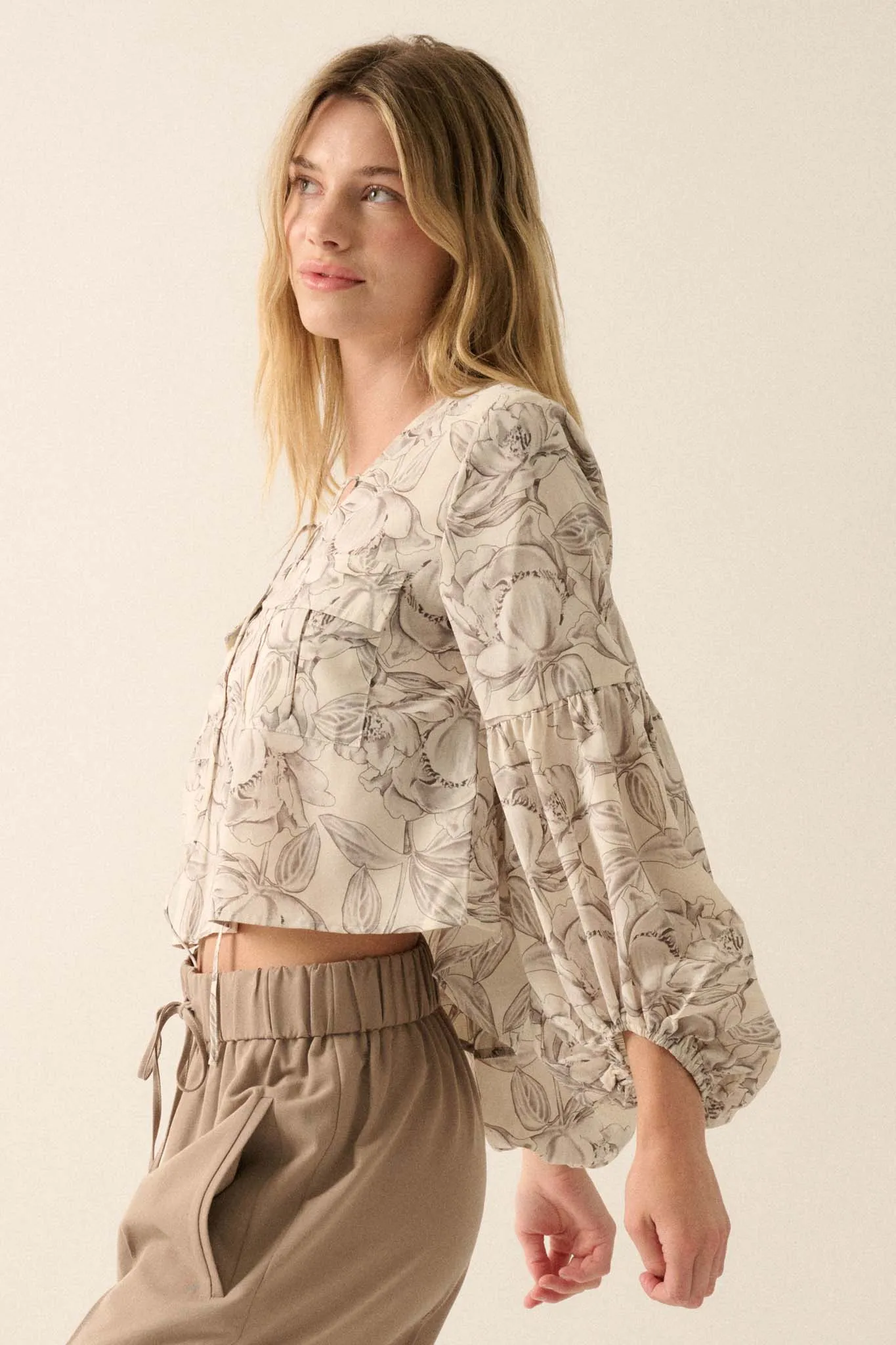 Placid Petals Floral Cropped Lace-Up Peasant Top