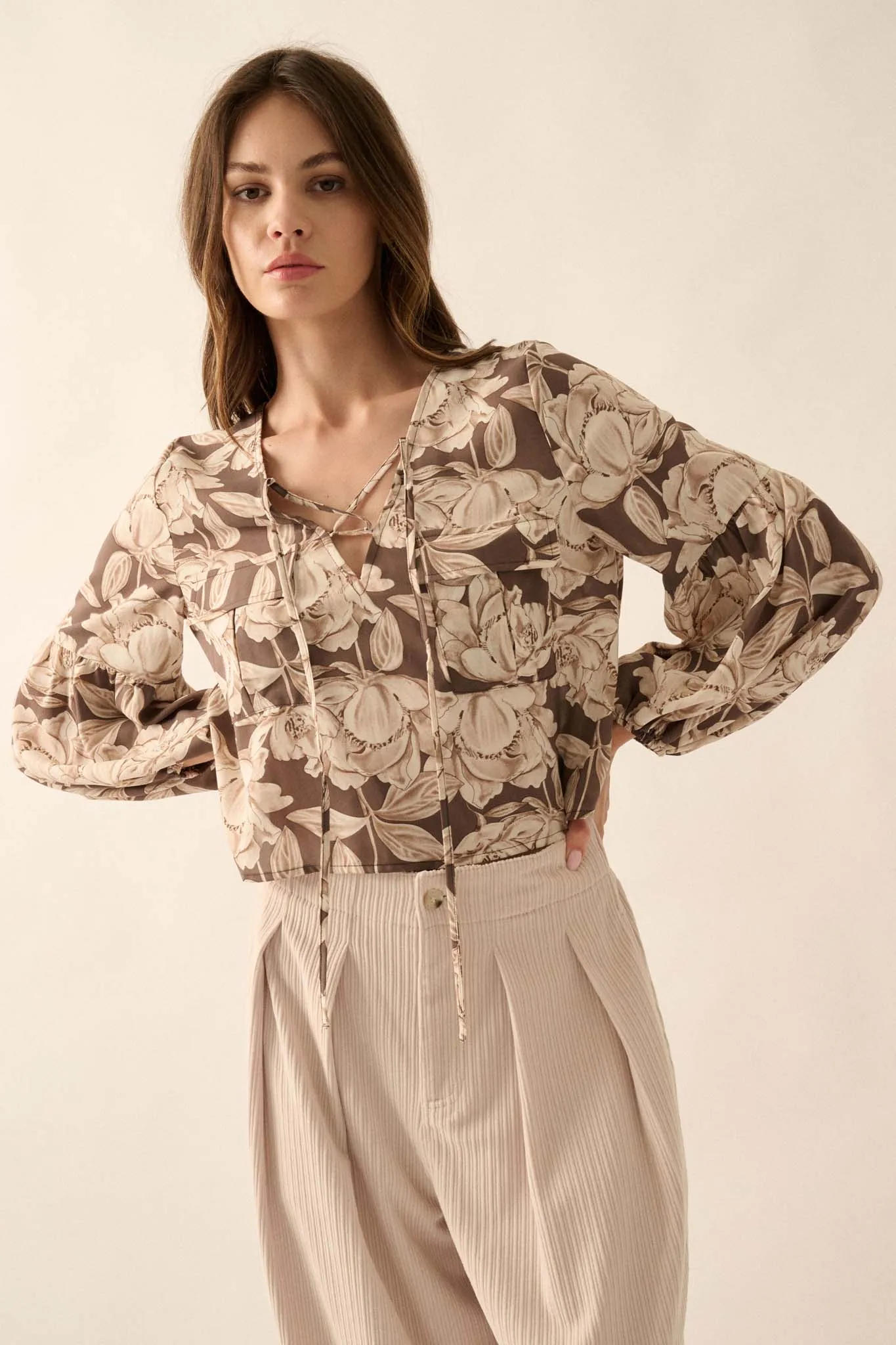 Placid Petals Floral Cropped Lace-Up Peasant Top