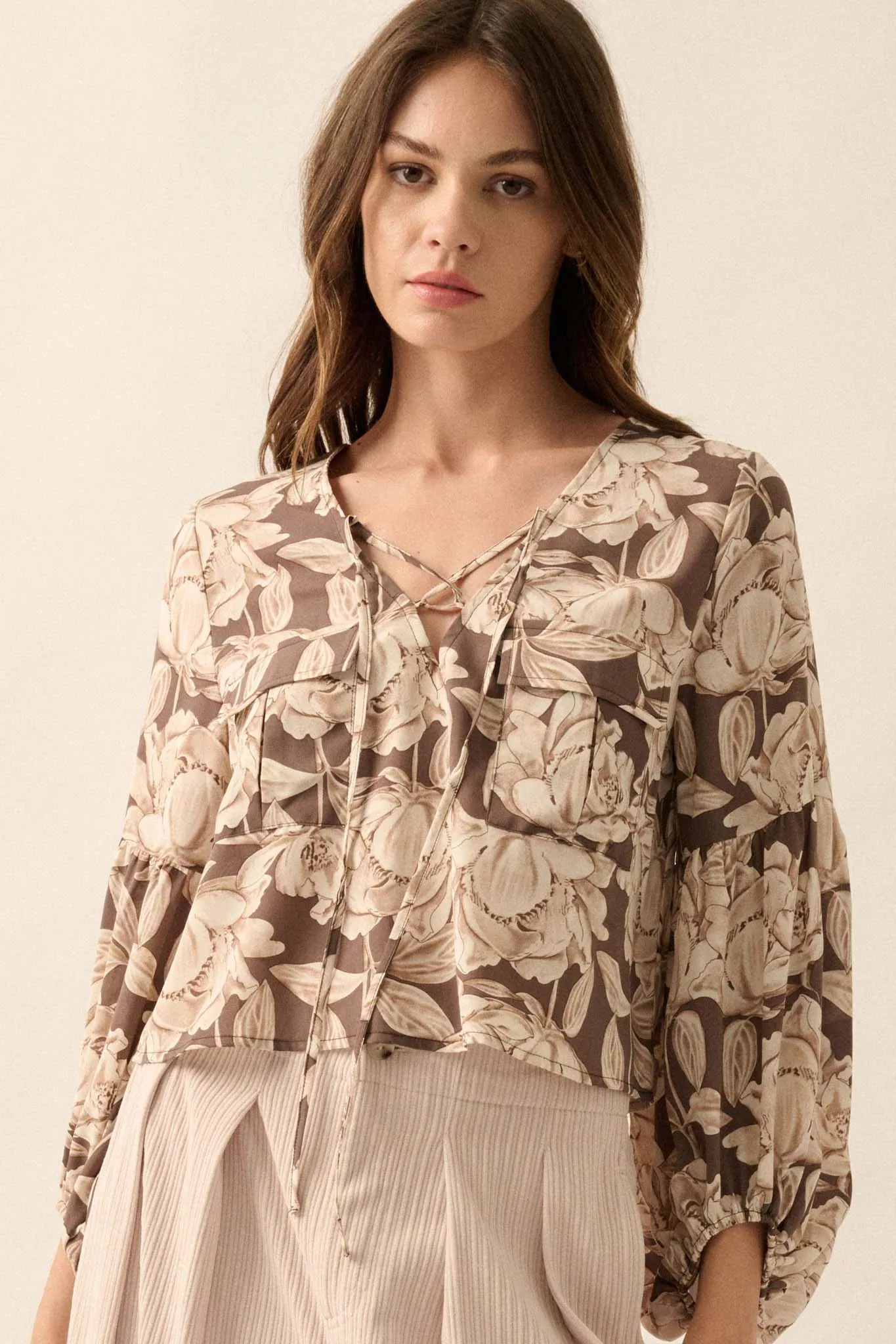 Placid Petals Floral Cropped Lace-Up Peasant Top