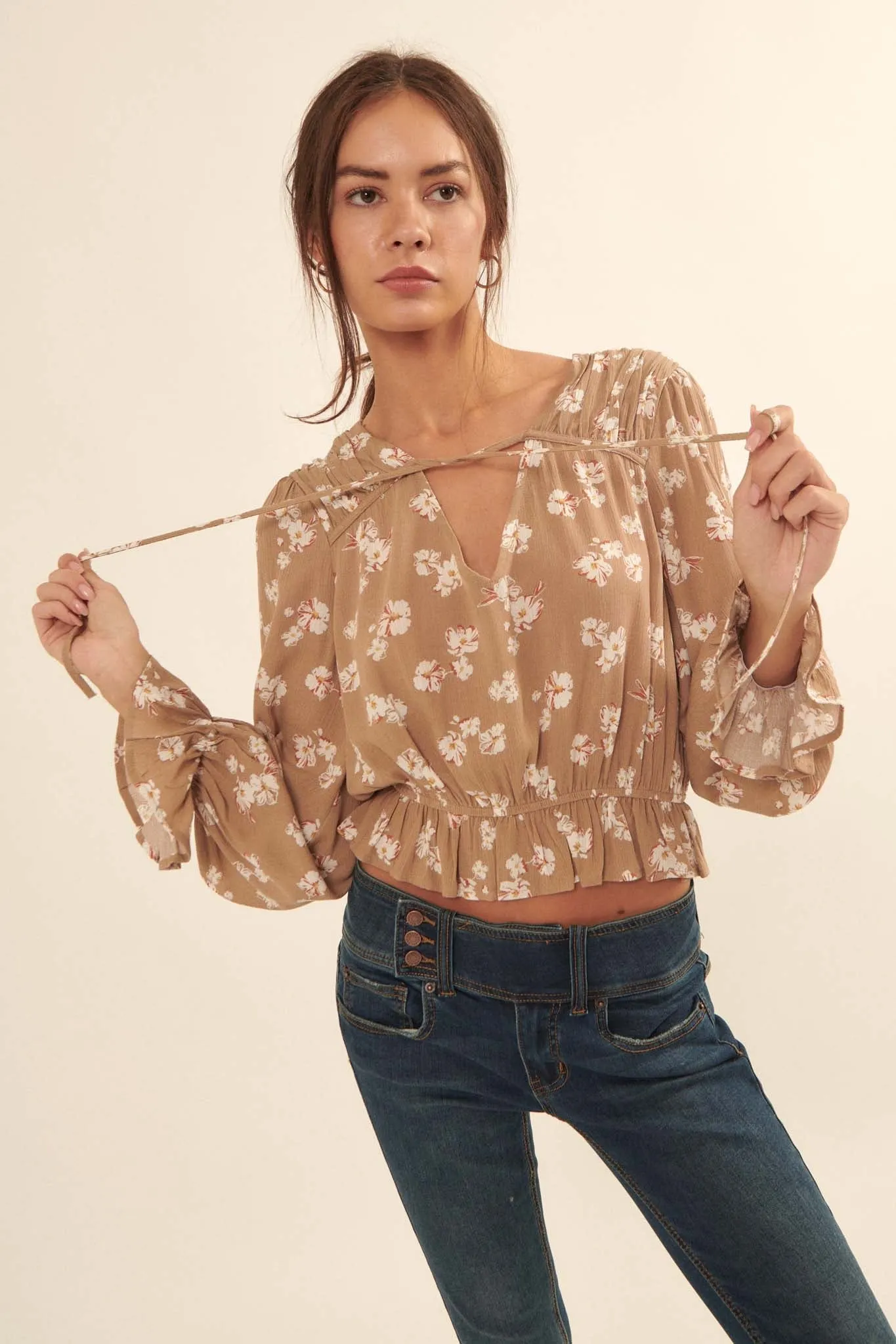 Poetic Petals Ruffled Floral Cropped Peasant Top