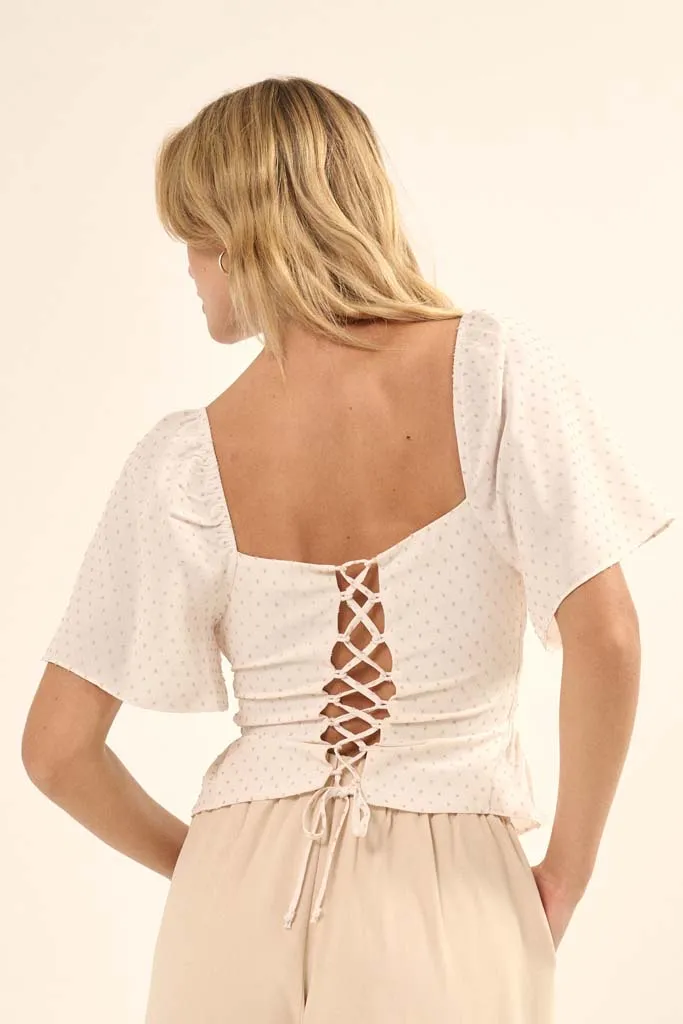 Point in Time Lace-Up Swiss Dot Peasant Top