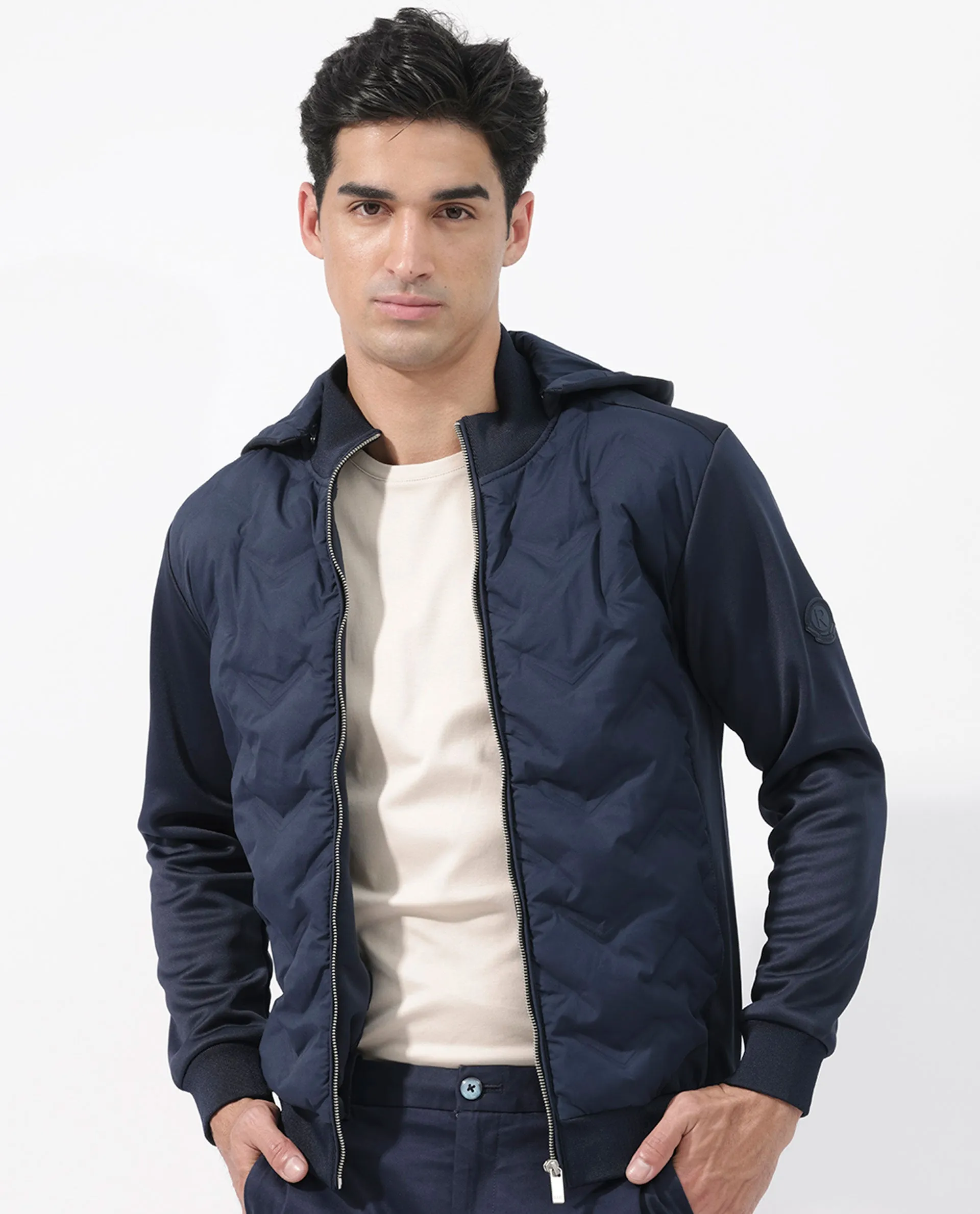 Rare Rabbit Men's Bonita Navy Polyester Fabric Full Sleeves Zipper Closure Hooded Quilted Jacket