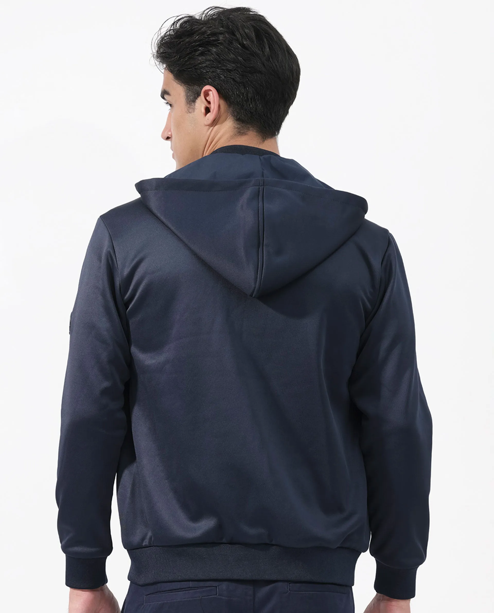 Rare Rabbit Men's Bonita Navy Polyester Fabric Full Sleeves Zipper Closure Hooded Quilted Jacket