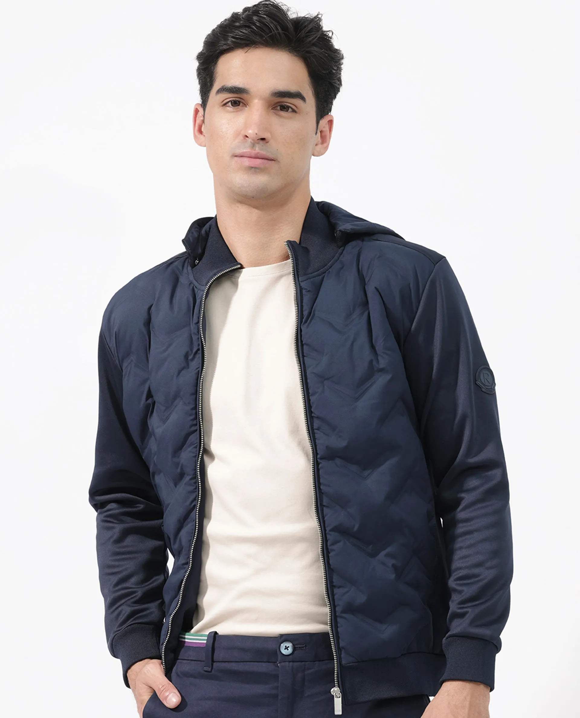 Rare Rabbit Men's Bonita Navy Polyester Fabric Full Sleeves Zipper Closure Hooded Quilted Jacket