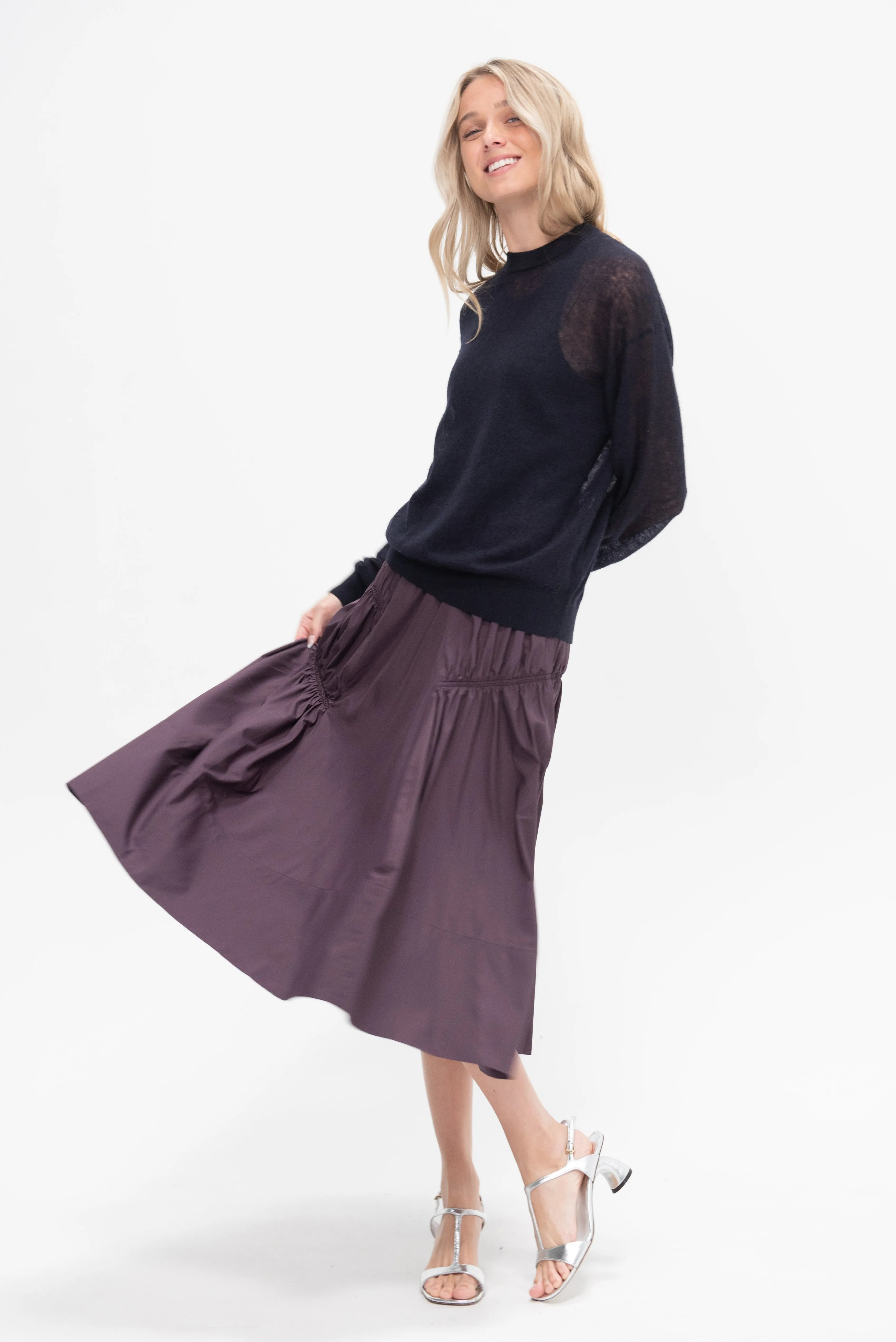 Shirred Nylon Paneled Skirt, Aubergine