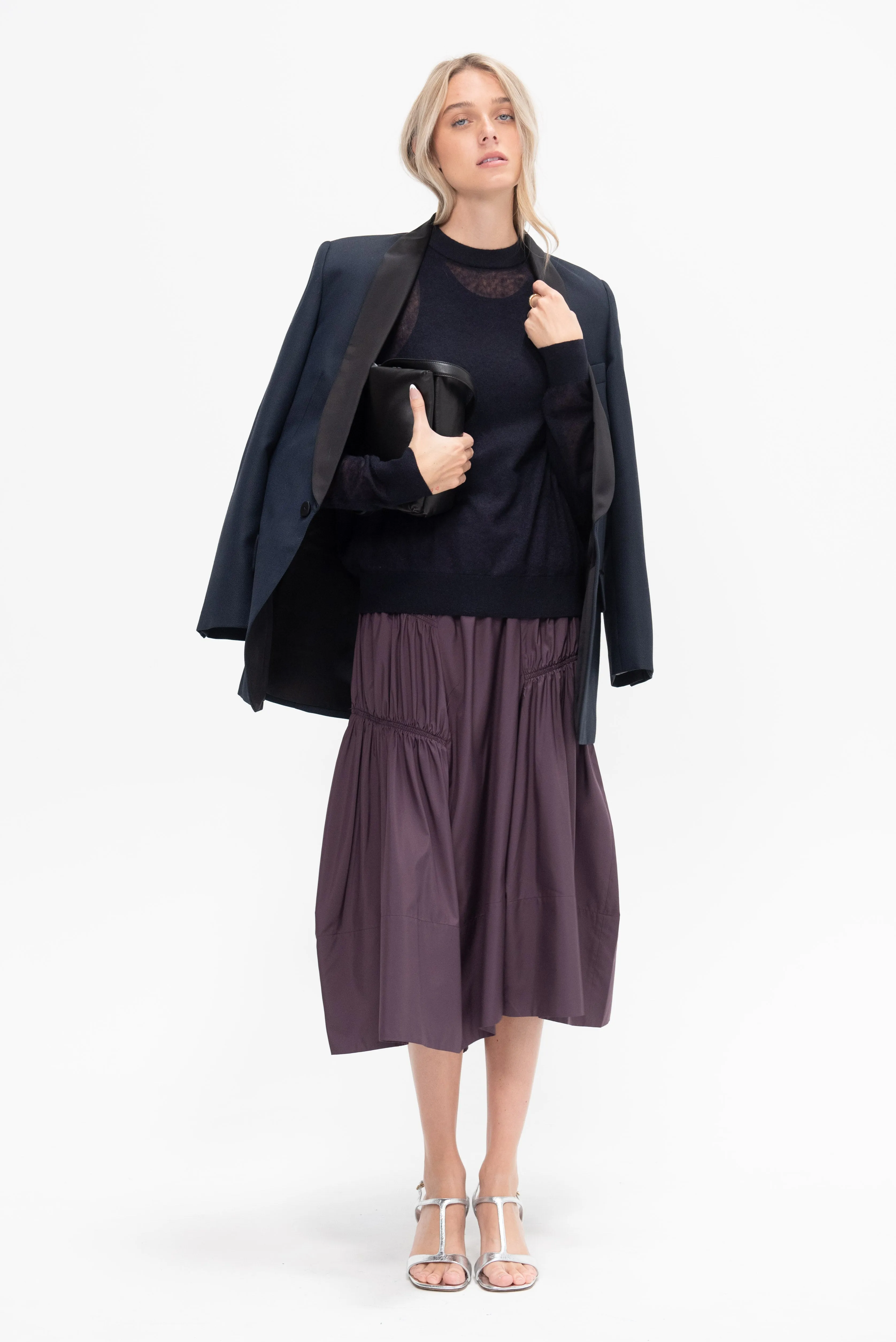 Shirred Nylon Paneled Skirt, Aubergine