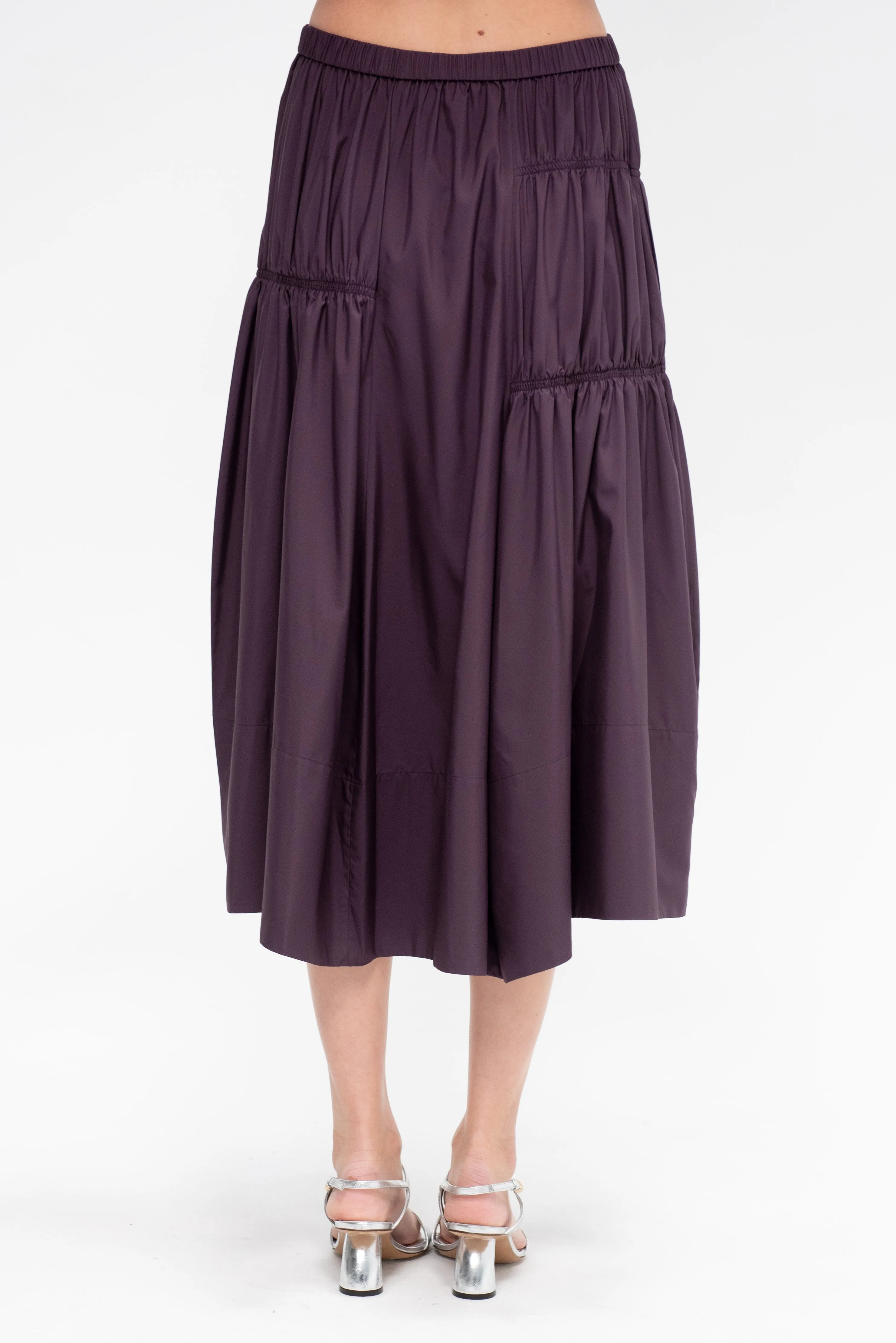 Shirred Nylon Paneled Skirt, Aubergine