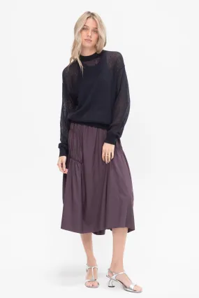 Shirred Nylon Paneled Skirt, Aubergine