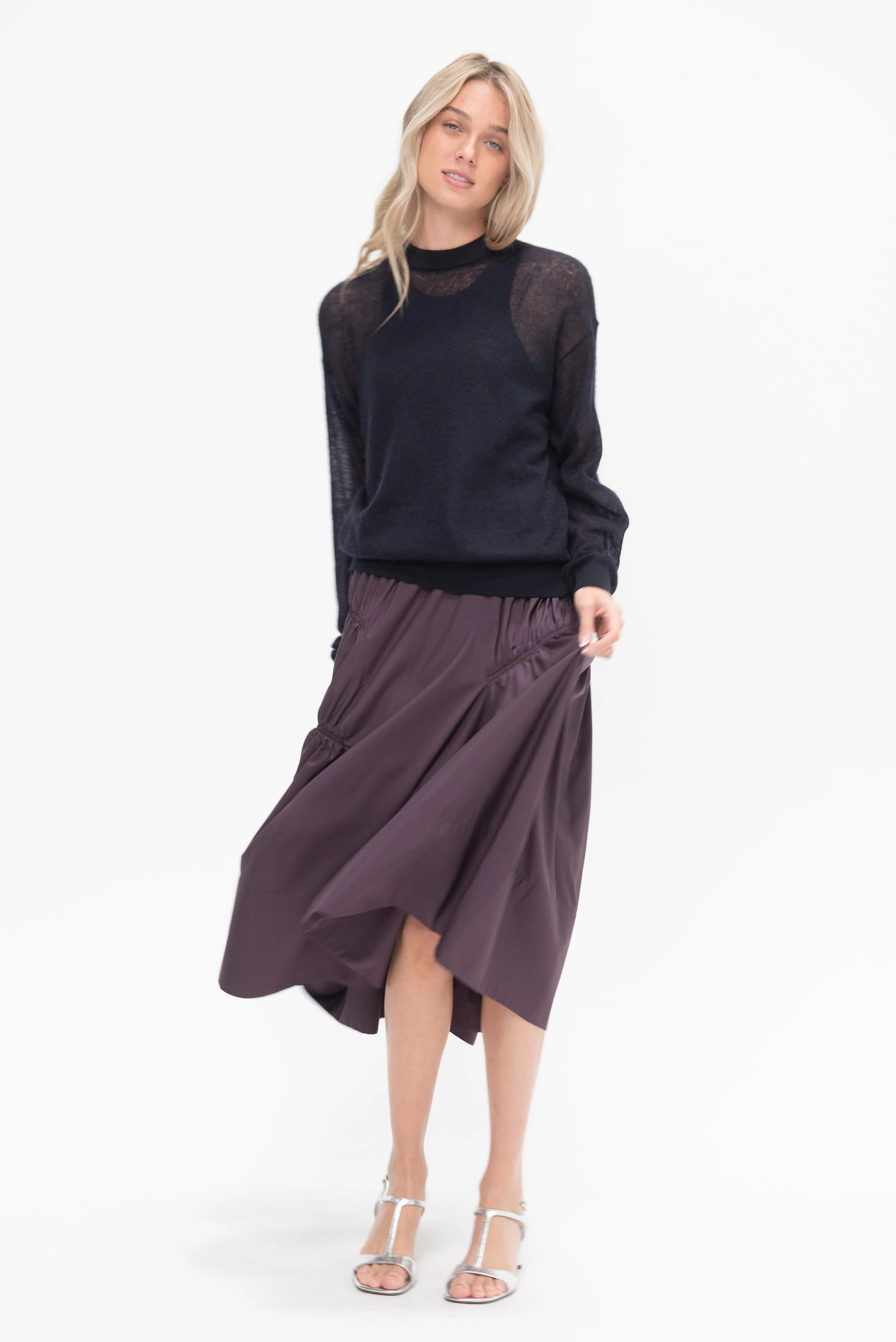 Shirred Nylon Paneled Skirt, Aubergine