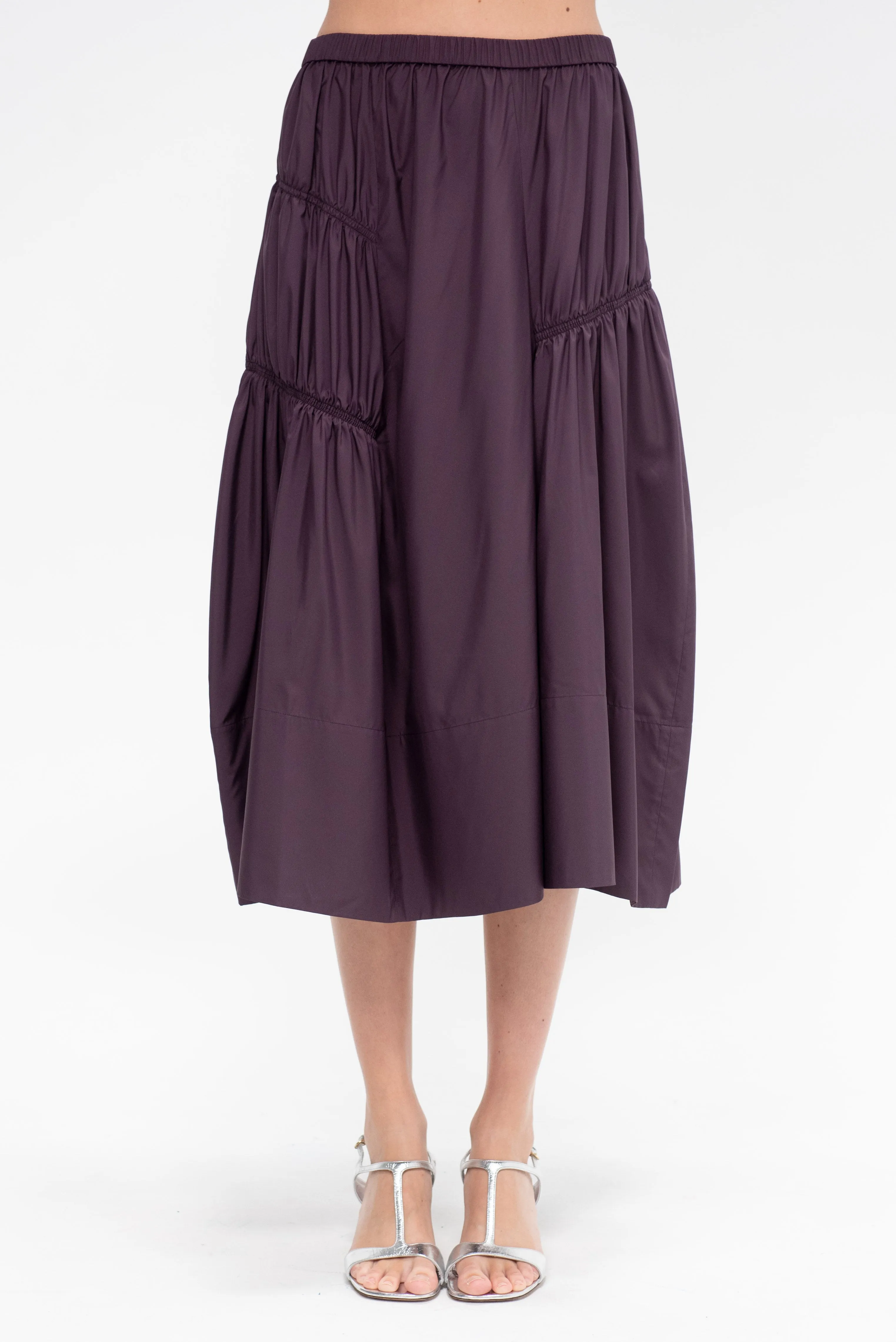 Shirred Nylon Paneled Skirt, Aubergine