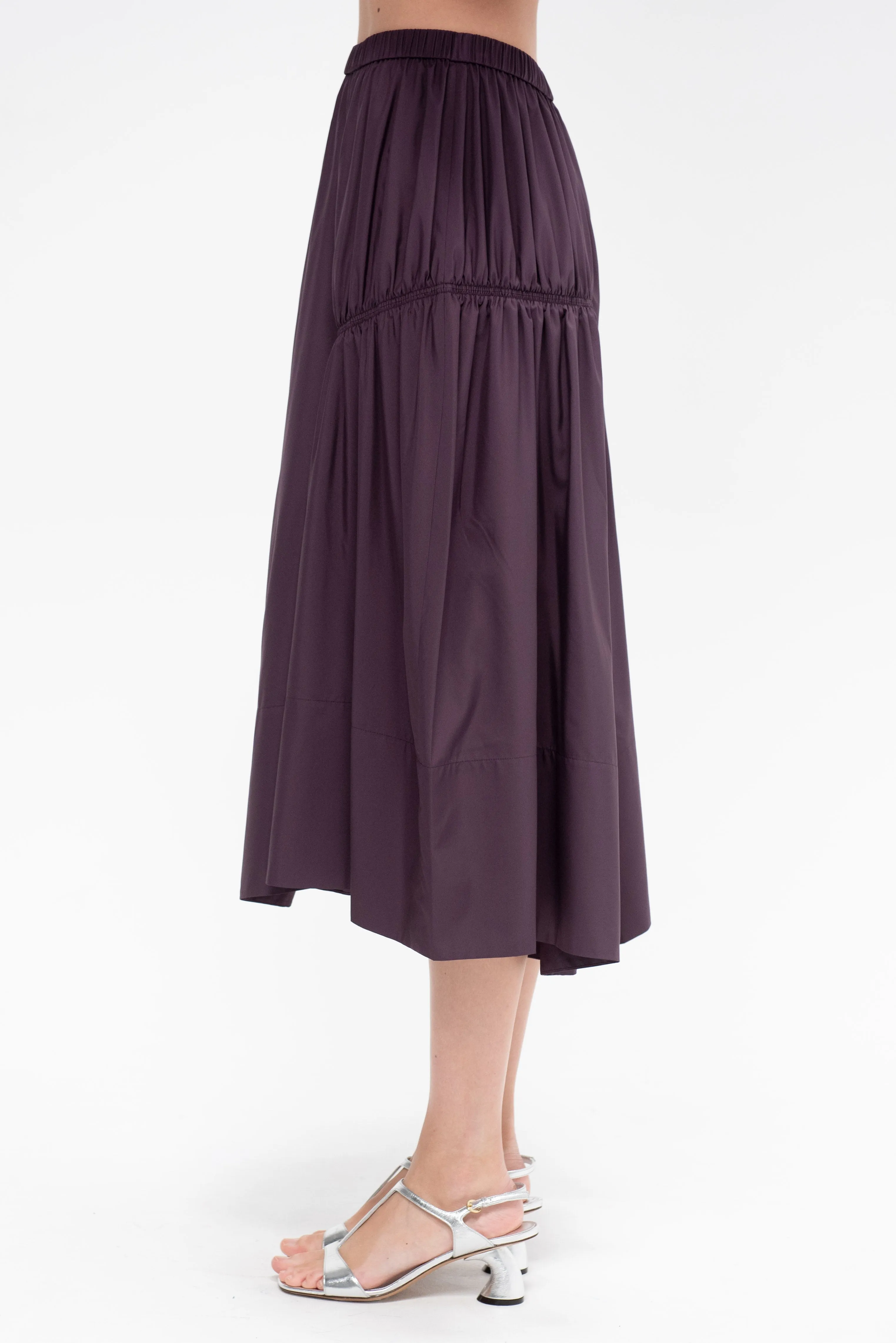 Shirred Nylon Paneled Skirt, Aubergine