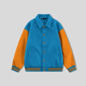 Sky Blue Byron Collar Wool & Leather Varsity Jacket Orange Sleeves - Jack N Hoods