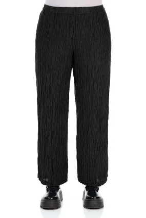 Straight Crinkled Black Silk Trousers