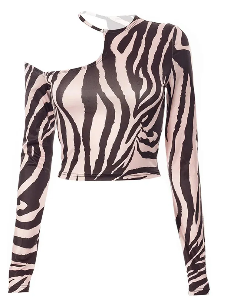 Strapless Irregular Zebra Print Long Sleeve Tee