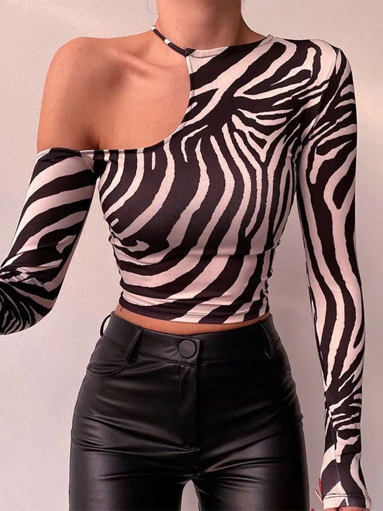 Strapless Irregular Zebra Print Long Sleeve Tee