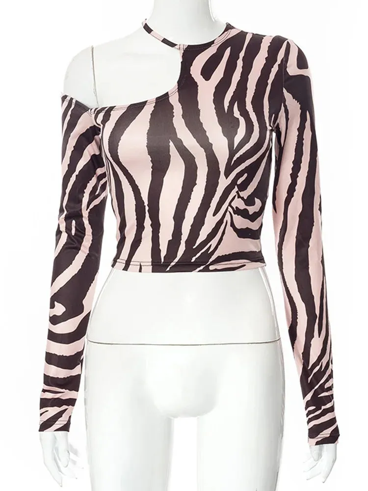 Strapless Irregular Zebra Print Long Sleeve Tee