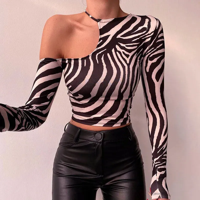 Strapless Irregular Zebra Print Long Sleeve Tee