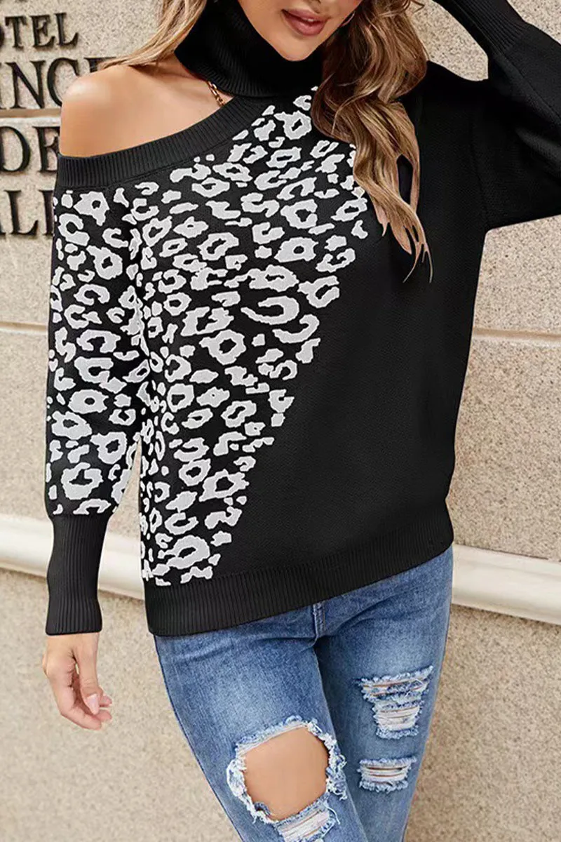 Street Leopard Asymmetrical Weave Turtleneck Tops