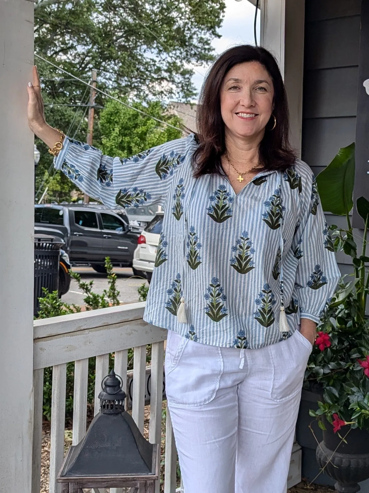 Striped Flower Print Top