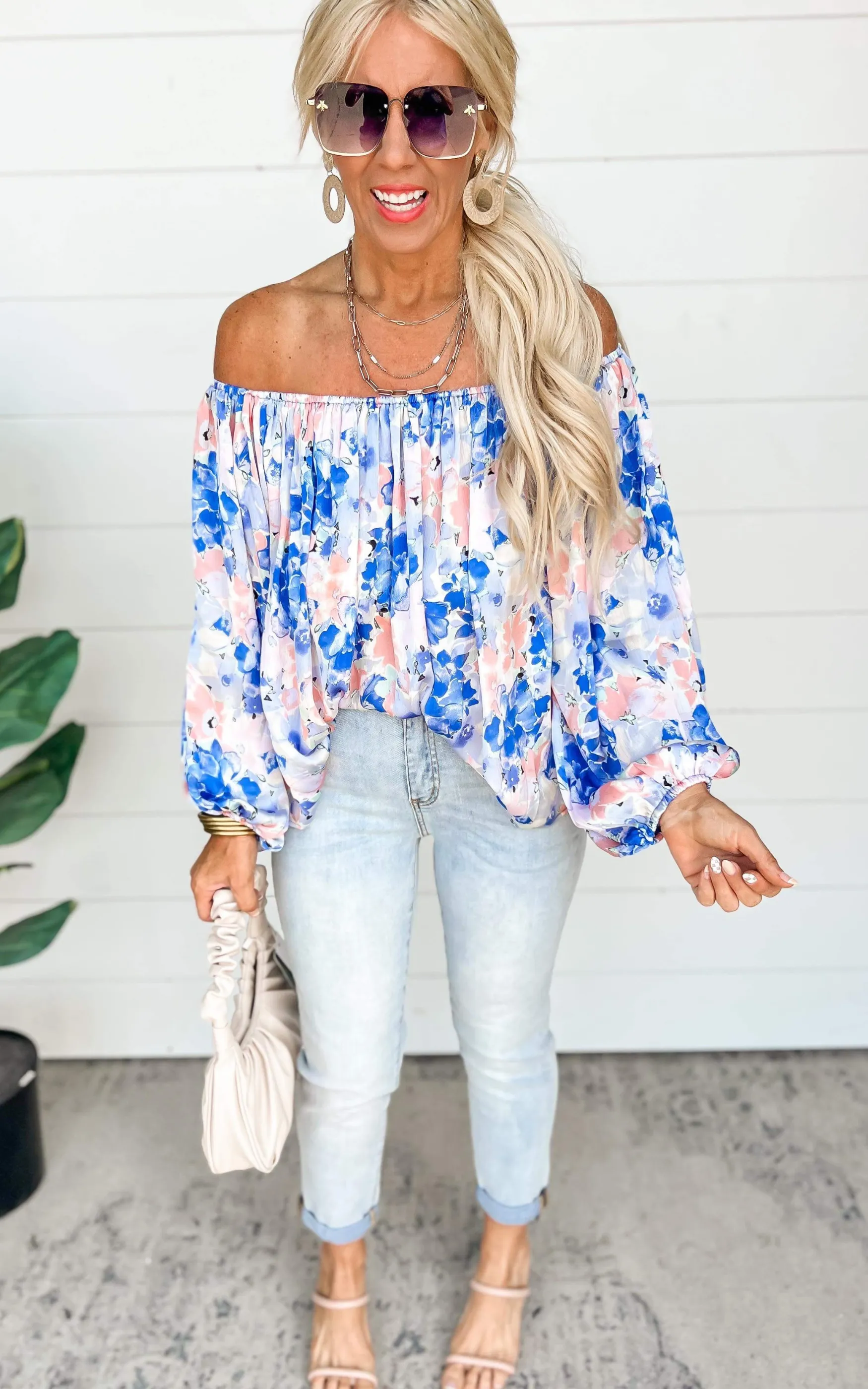 The Peony Off the Shoulder Peasant Top - Blue | FINAL SALE