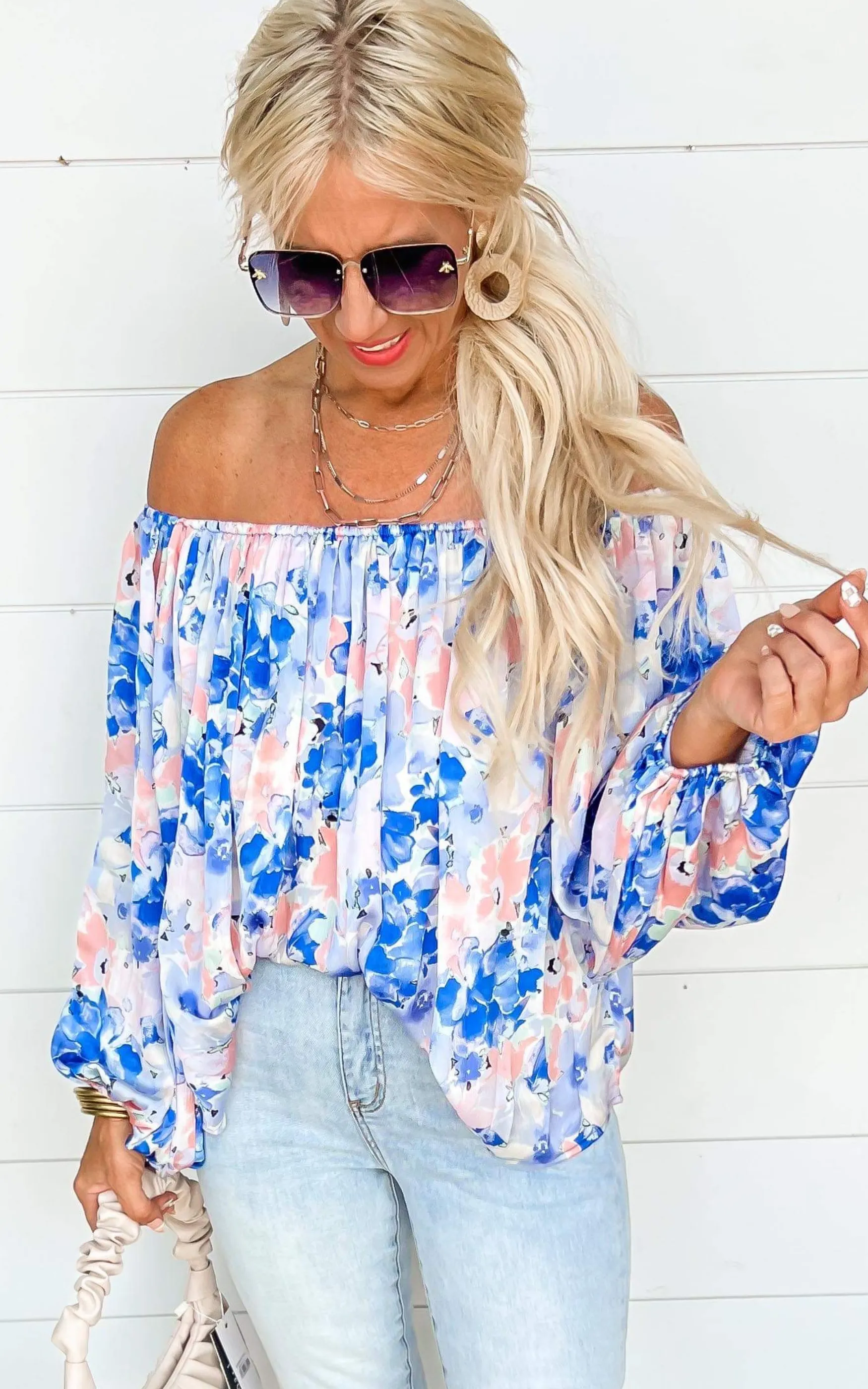 The Peony Off the Shoulder Peasant Top - Blue | FINAL SALE