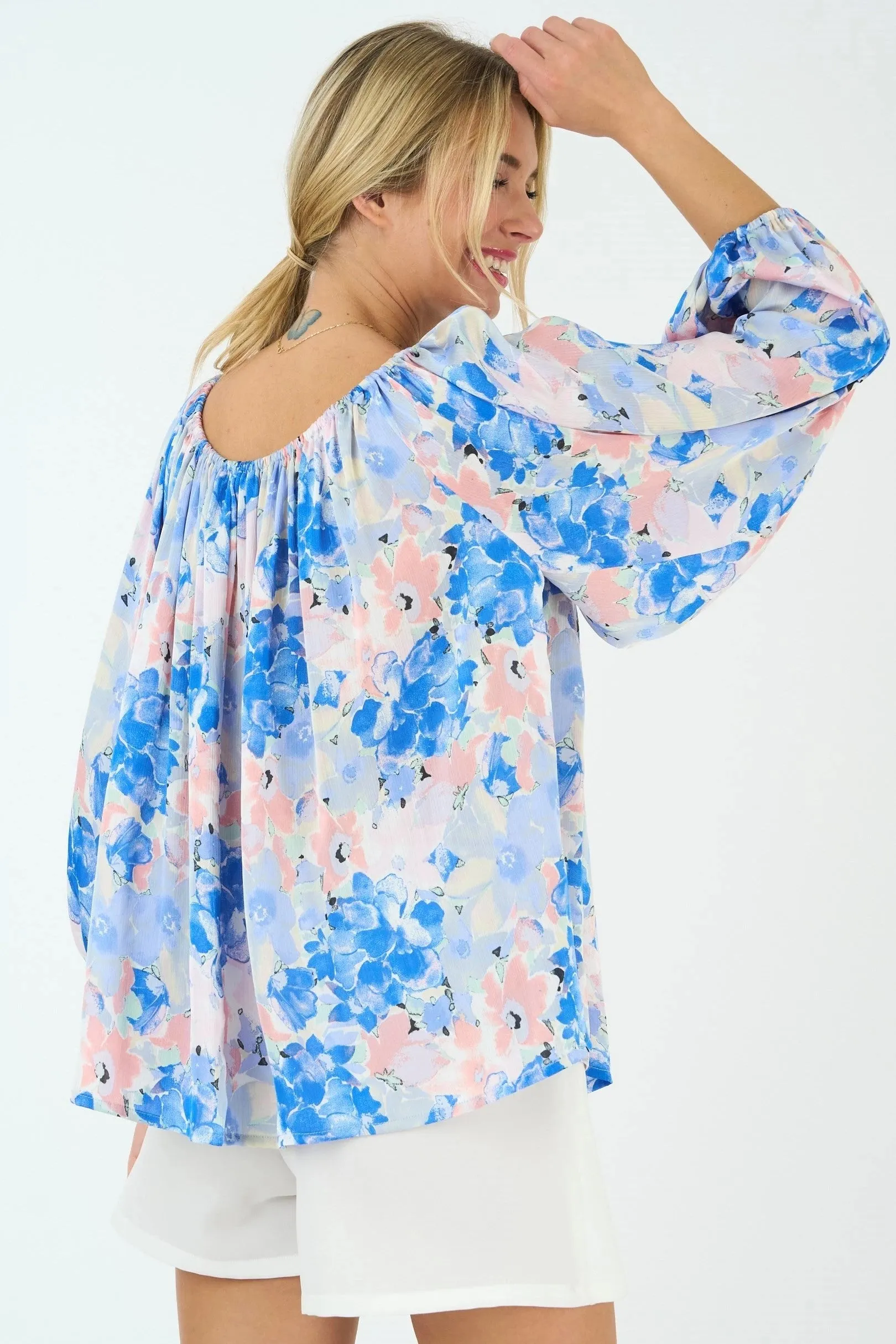 The Peony Off the Shoulder Peasant Top - Blue | FINAL SALE