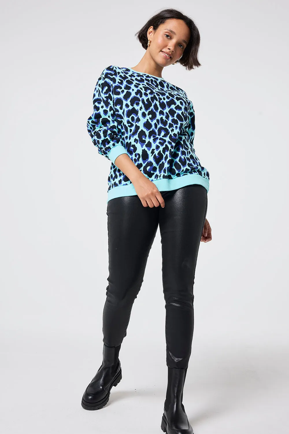 Turquoise with Black and Blue Shadow Leopard Oversized Sweatshirt