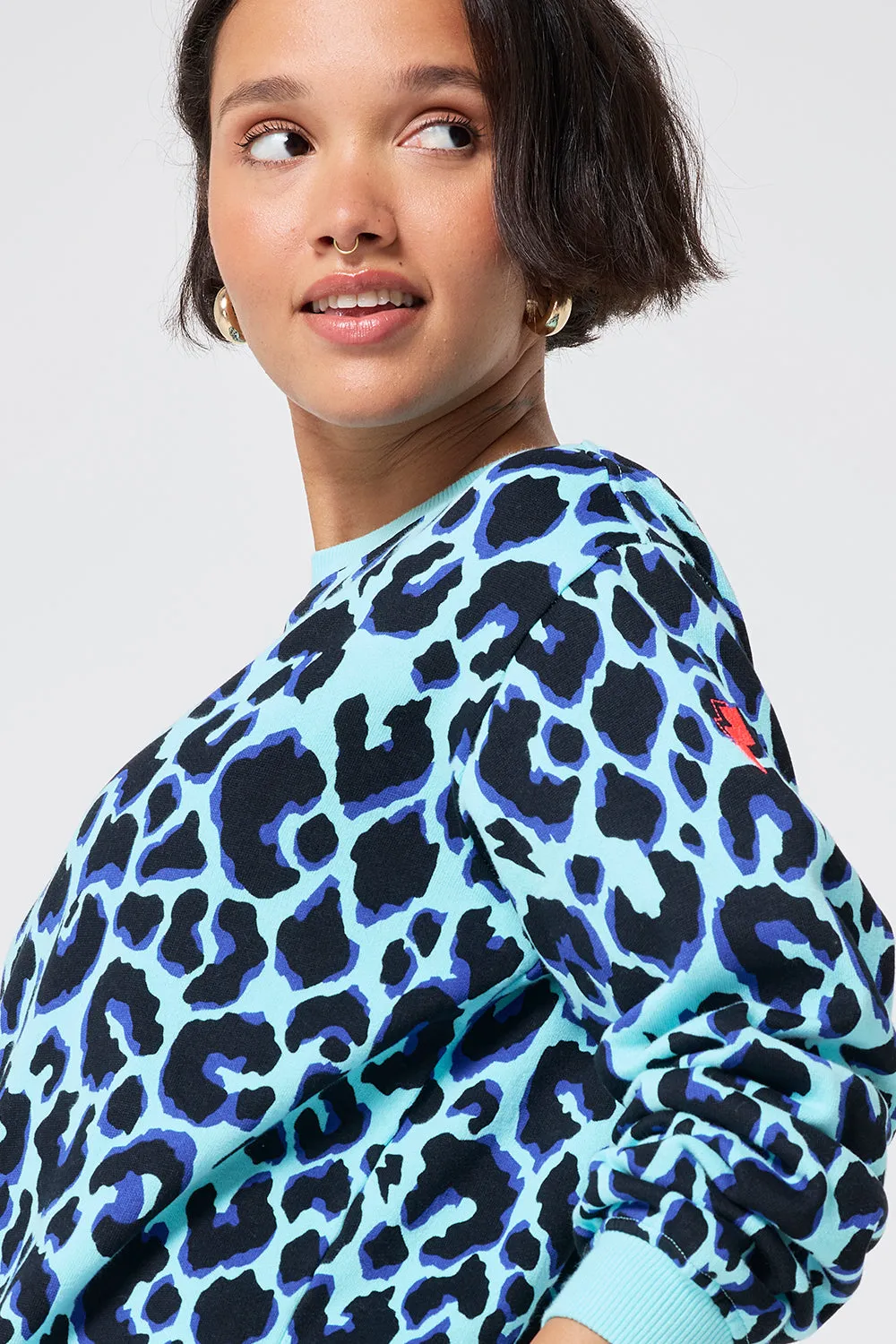 Turquoise with Black and Blue Shadow Leopard Oversized Sweatshirt