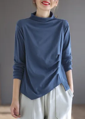 Vintage Blue Turtleneck asymmetrical design Patchwork Fall Tops