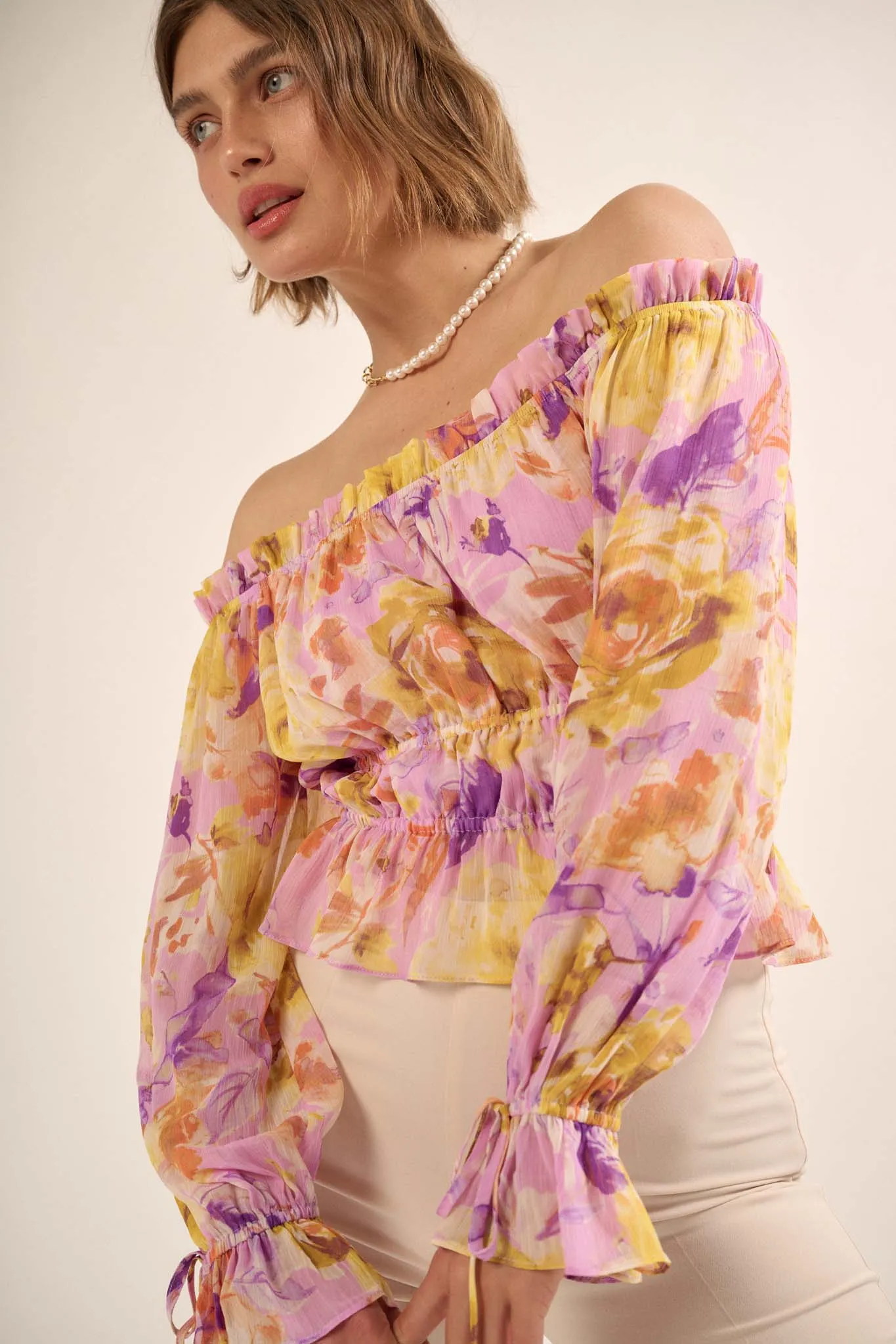 Violet Hour Floral Chiffon Off-Shoulder Peasant Top