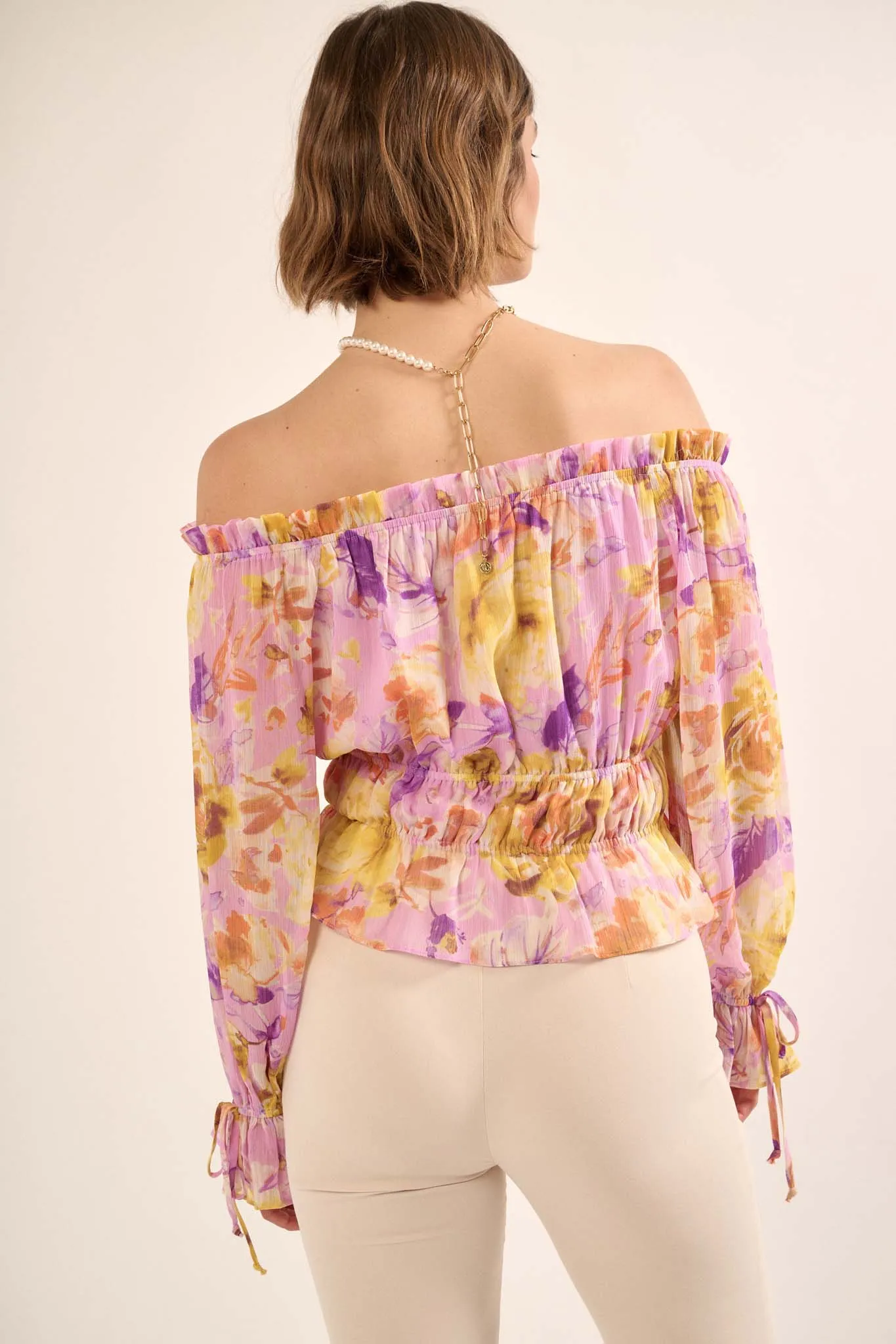 Violet Hour Floral Chiffon Off-Shoulder Peasant Top