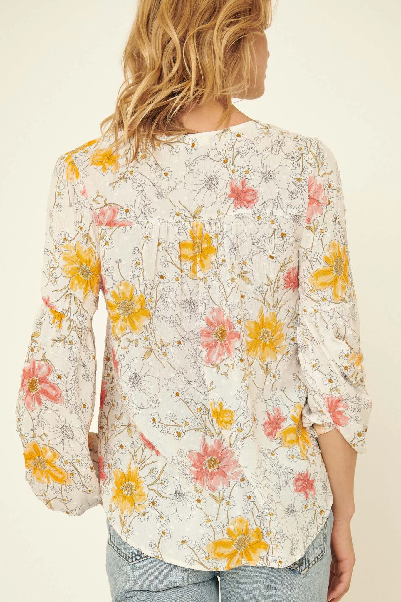 Watercolor Garden Floral Swiss Dot Peasant Top