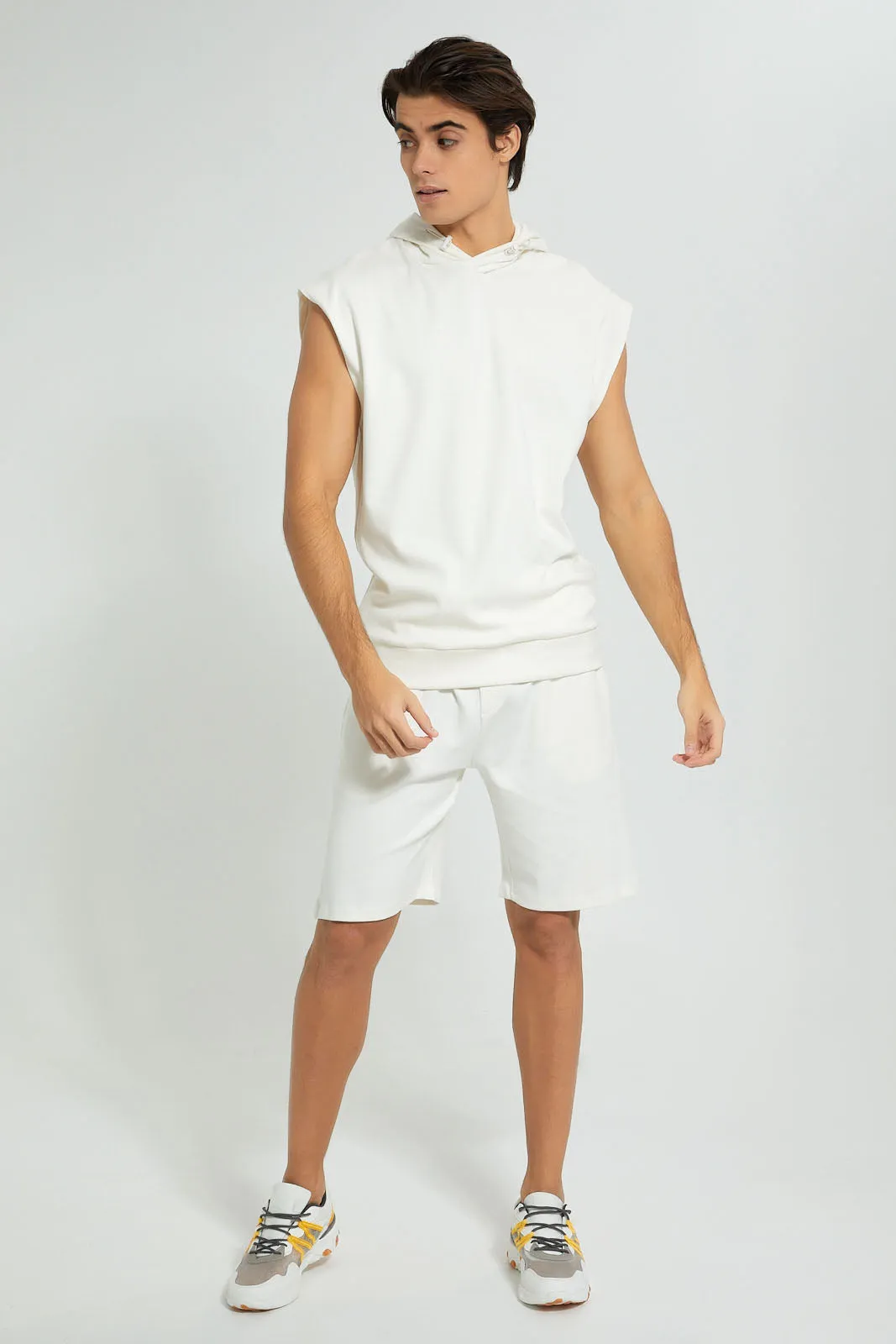 White Sleeveless Loungewear Hooded Sweatshirt