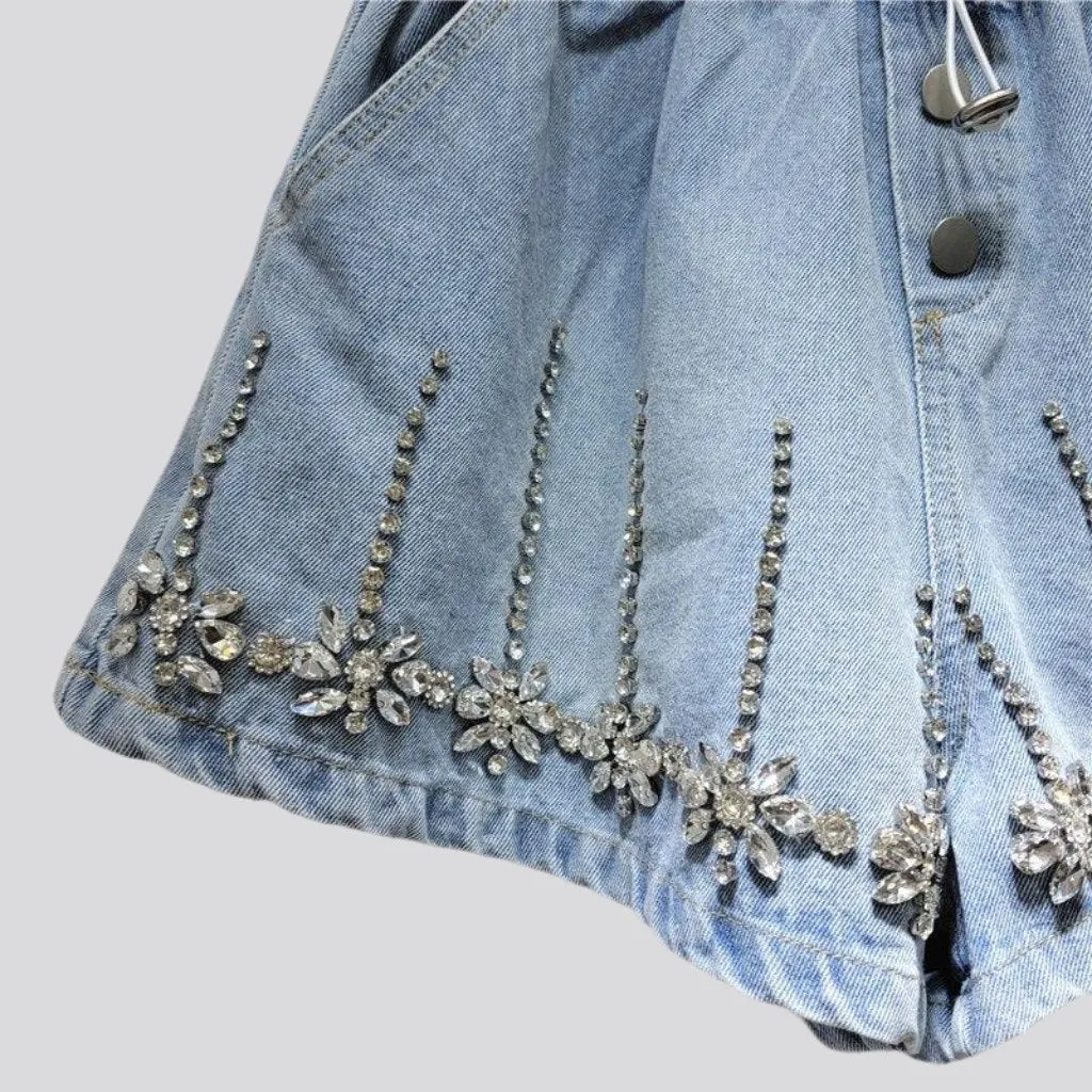 Wide-leg rhinestone denim shorts