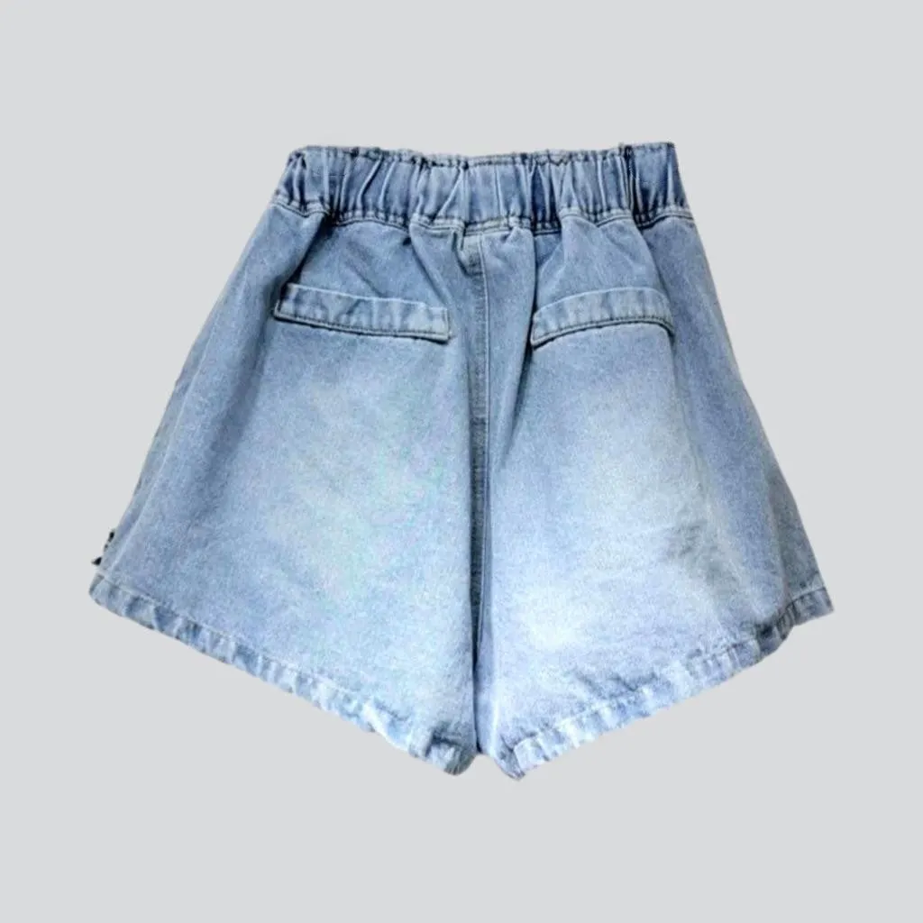 Wide-leg rhinestone denim shorts