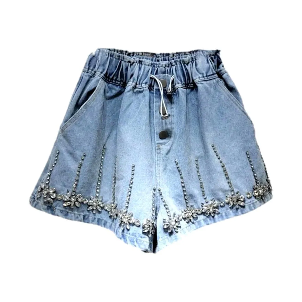 Wide-leg rhinestone denim shorts