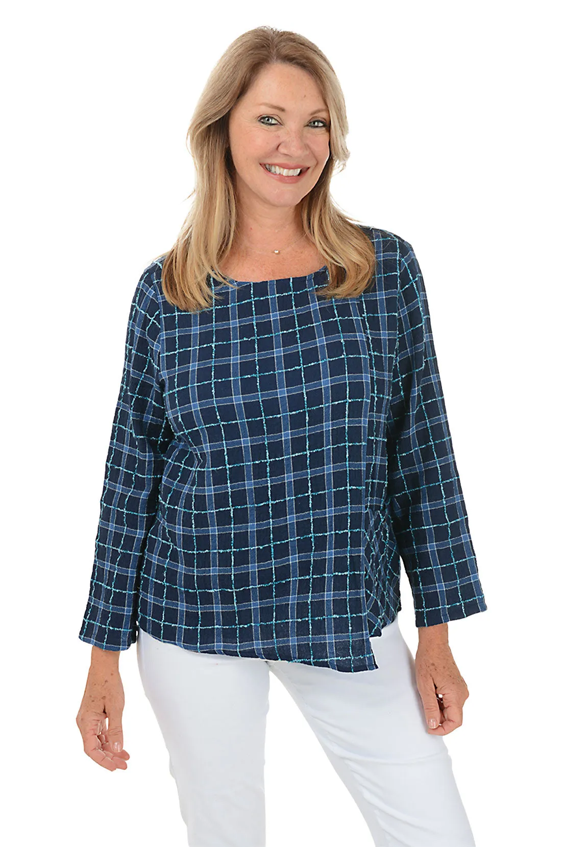 Windowpane Plaid Asymmetrical Blouse