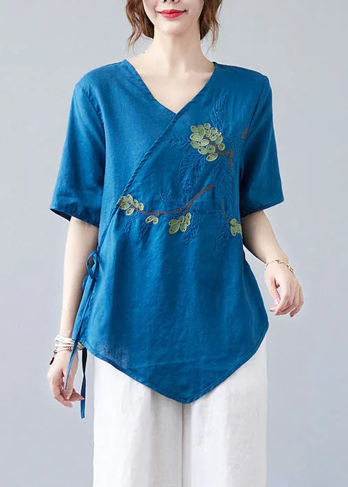 Women Blue Asymmetrical  Shirt Tops Half Sleeve