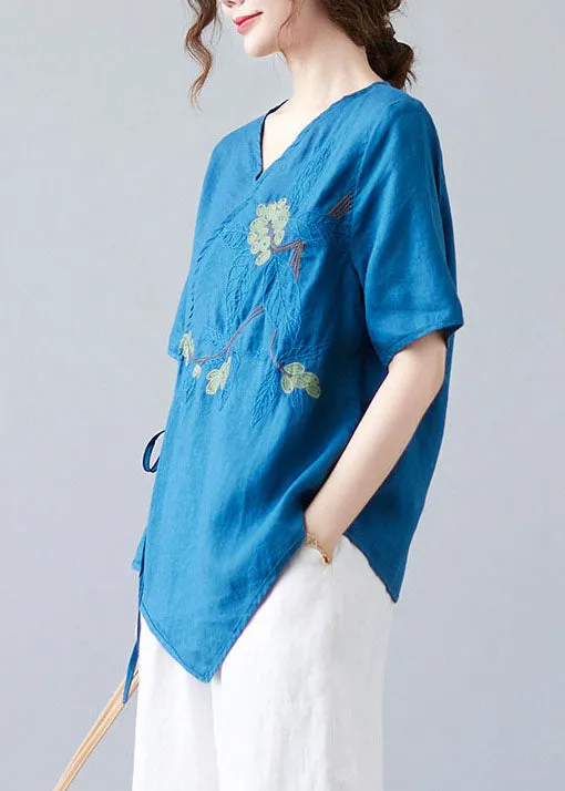 Women Blue Asymmetrical  Shirt Tops Half Sleeve