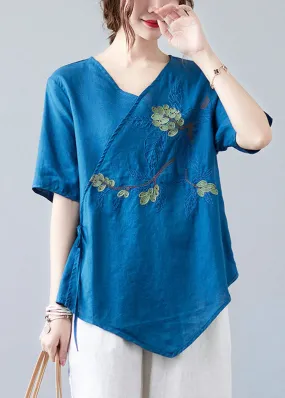 Women Blue Asymmetrical  Shirt Tops Half Sleeve