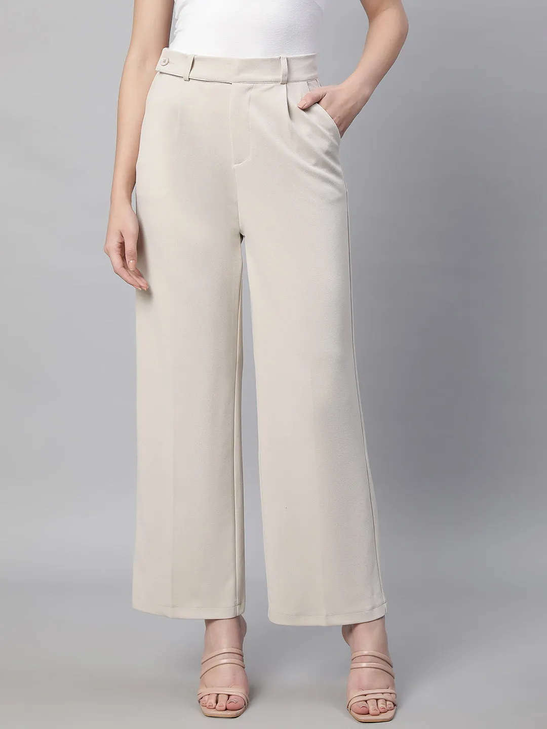 Women Off White Solid Trouser