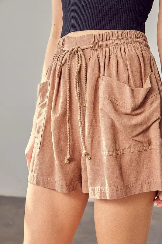 Womens Shirred Wide Waistband Shorts